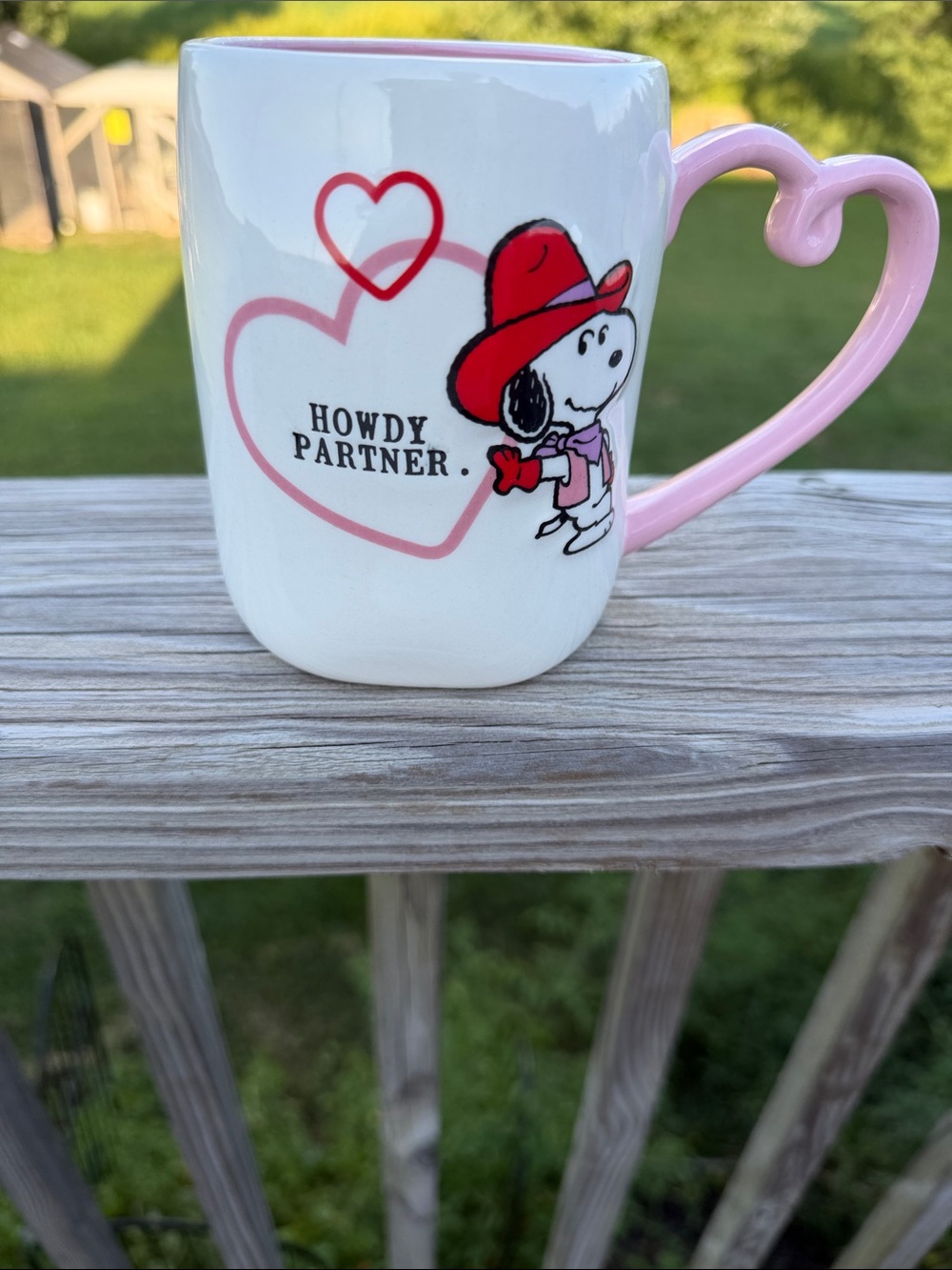 Rae Dunn Snoopy 'Howdy Partner' Pink Heart Handled Mug